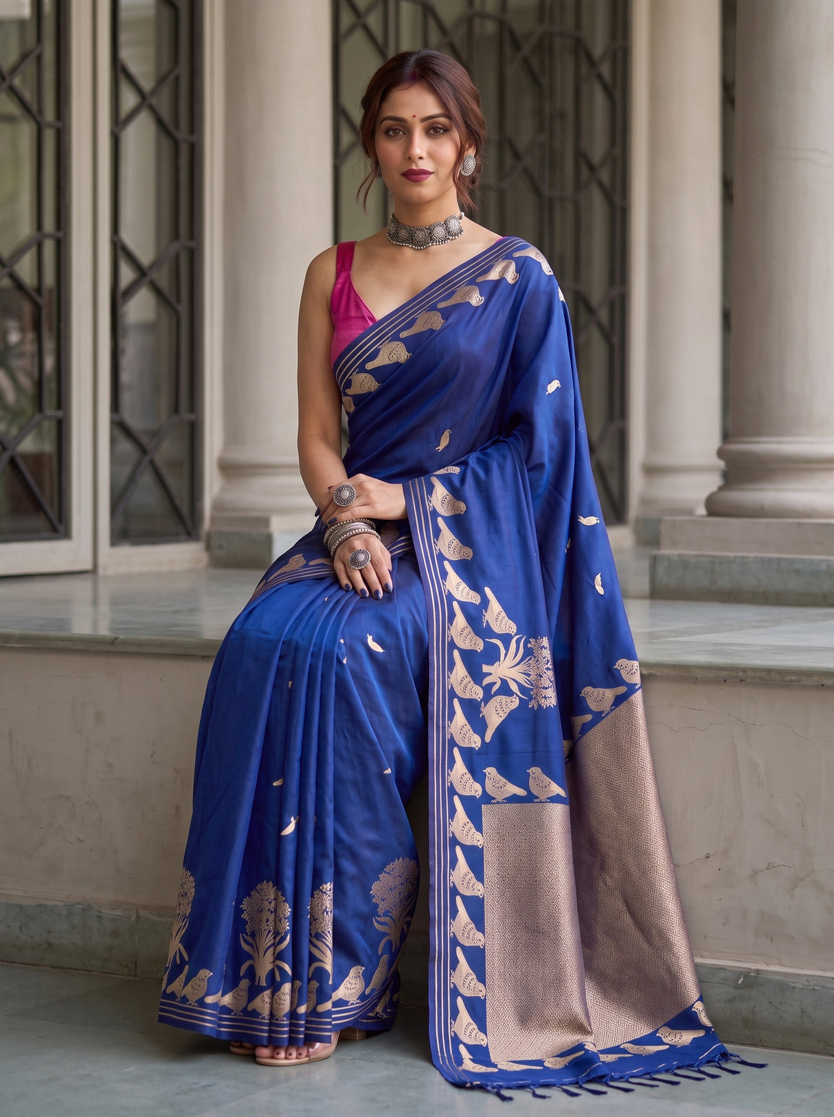 MIMOSA Navy Mysore Silk crepe Saree — pose 8 styling detail