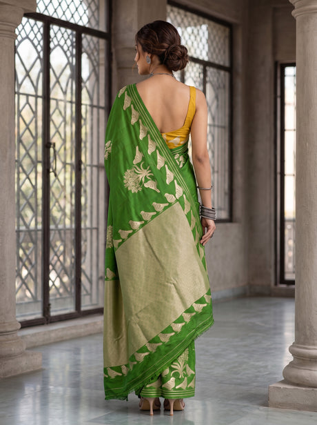 MIMOSA Olive Mysore Silk crepe Saree — Pallu and body detail