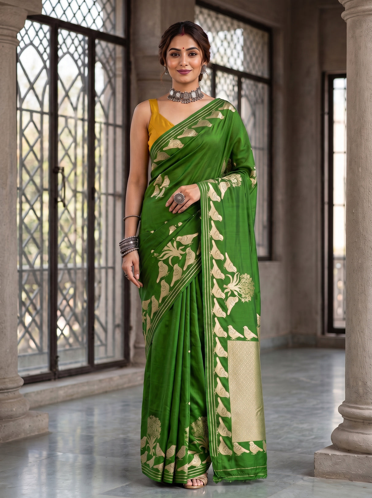 MIMOSA Olive Mysore Silk crepe Saree — pose 5 styling detail