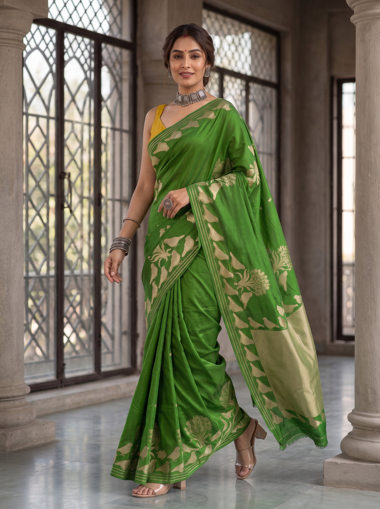 MIMOSA Olive Mysore Silk crepe Saree — pose 6 styling detail