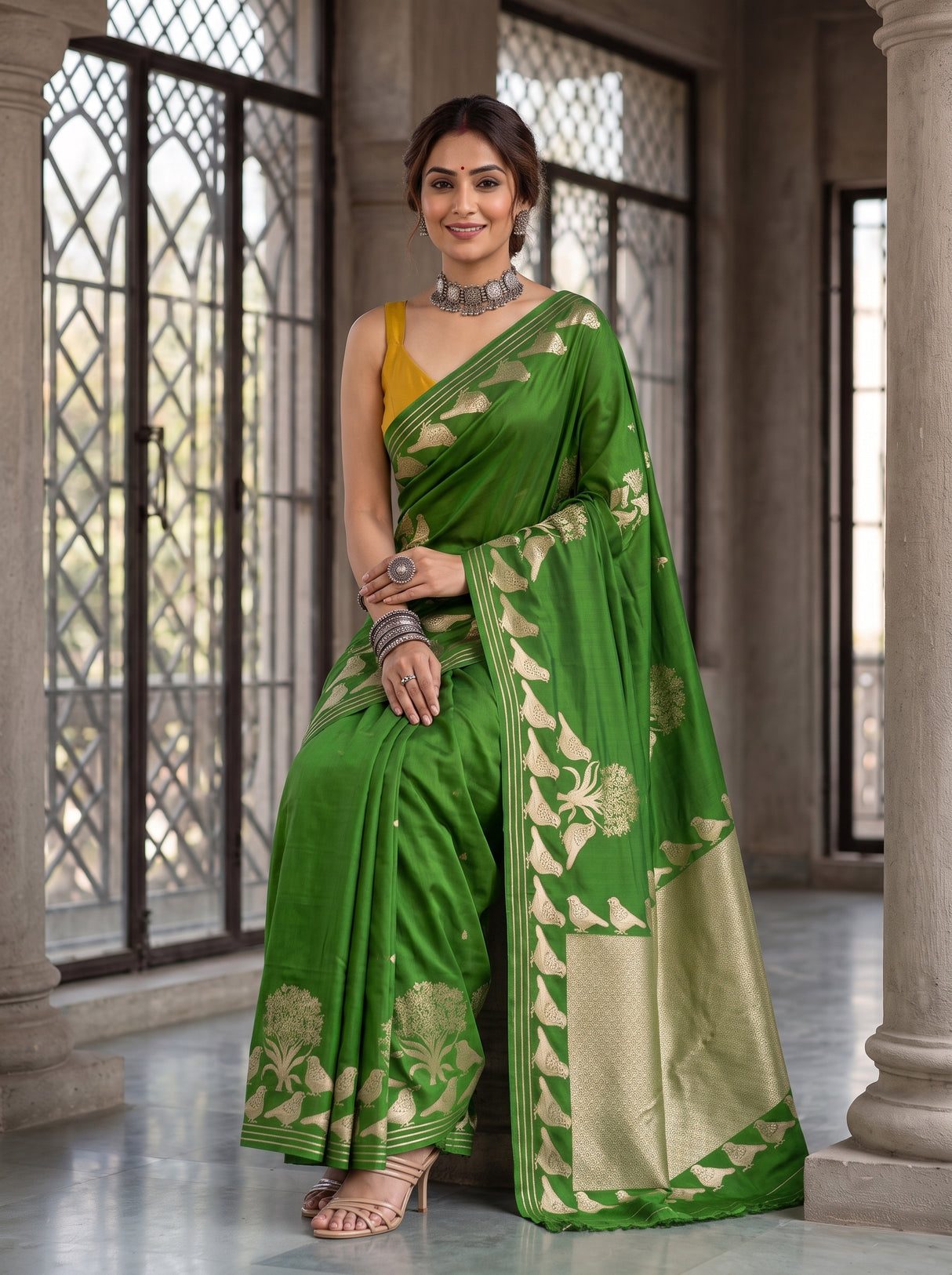 MIMOSA Olive Mysore Silk crepe Saree — pose 8 styling detail