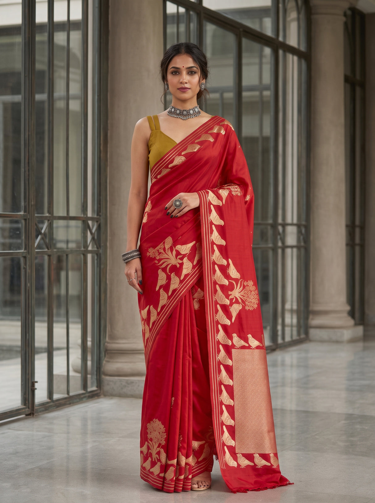 MIMOSA Red Mysore Silk crepe Saree — AI Model lifestyle pose