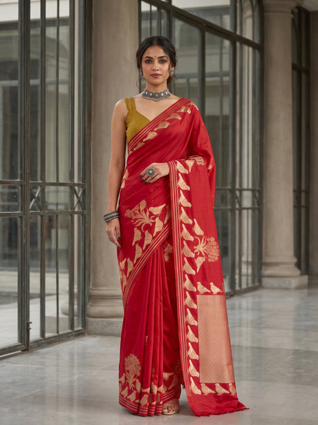 MIMOSA Red Mysore Silk crepe Saree — AI Model lifestyle pose