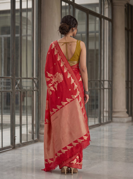 MIMOSA Red Mysore Silk crepe Saree — Pallu and body detail