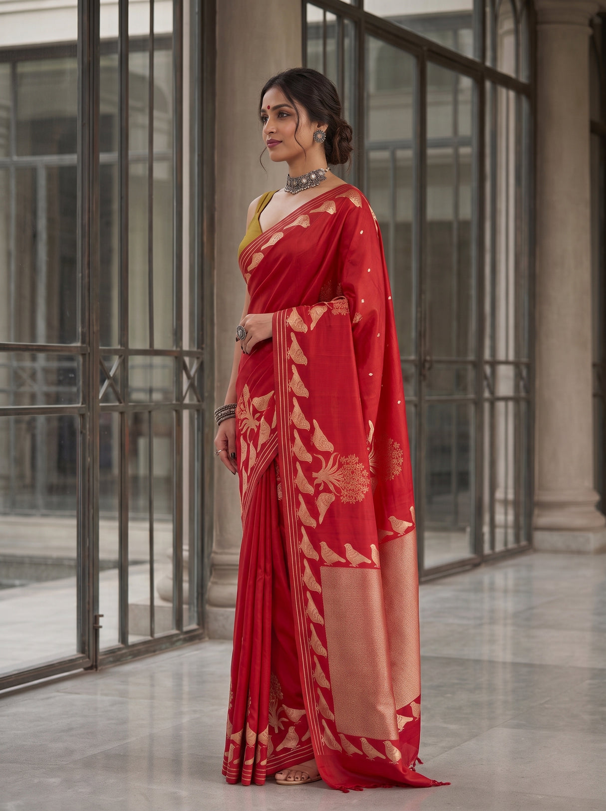 MIMOSA Red Mysore Silk crepe Saree — pose 3 styling detail
