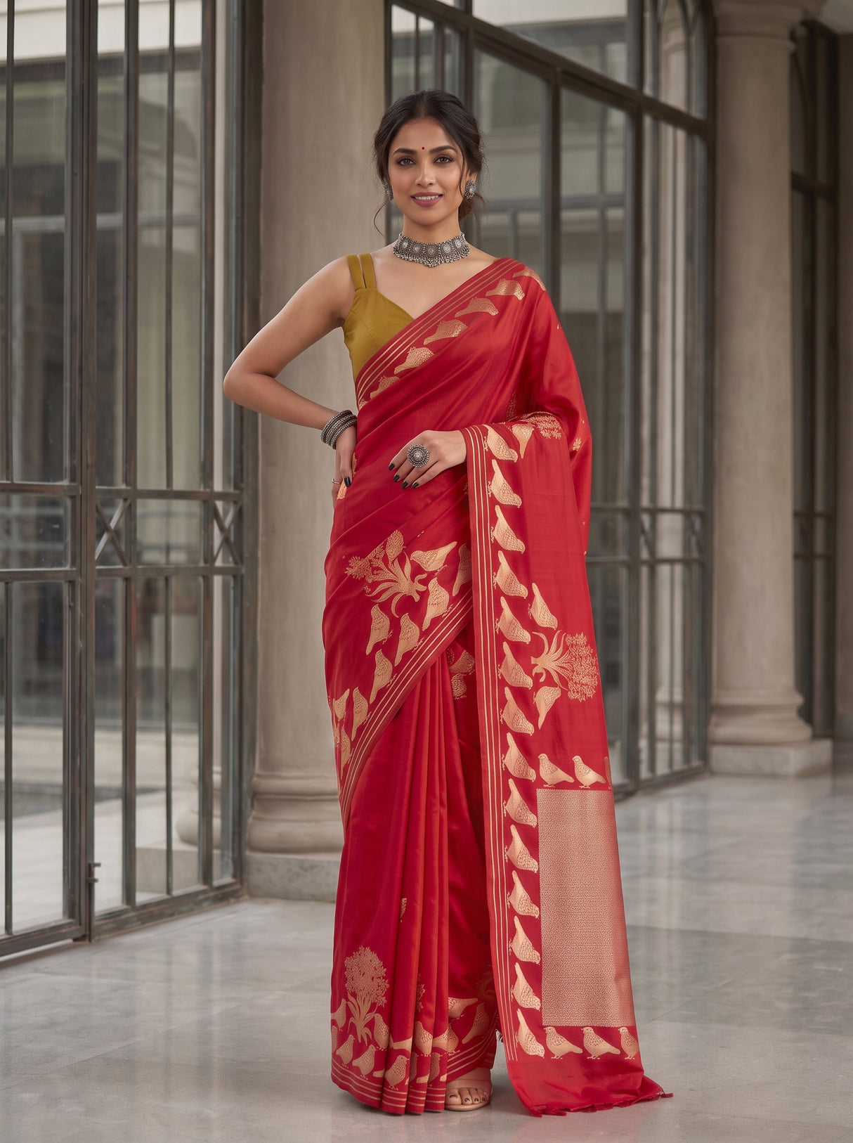 MIMOSA Red Mysore Silk crepe Saree — pose 4 styling detail