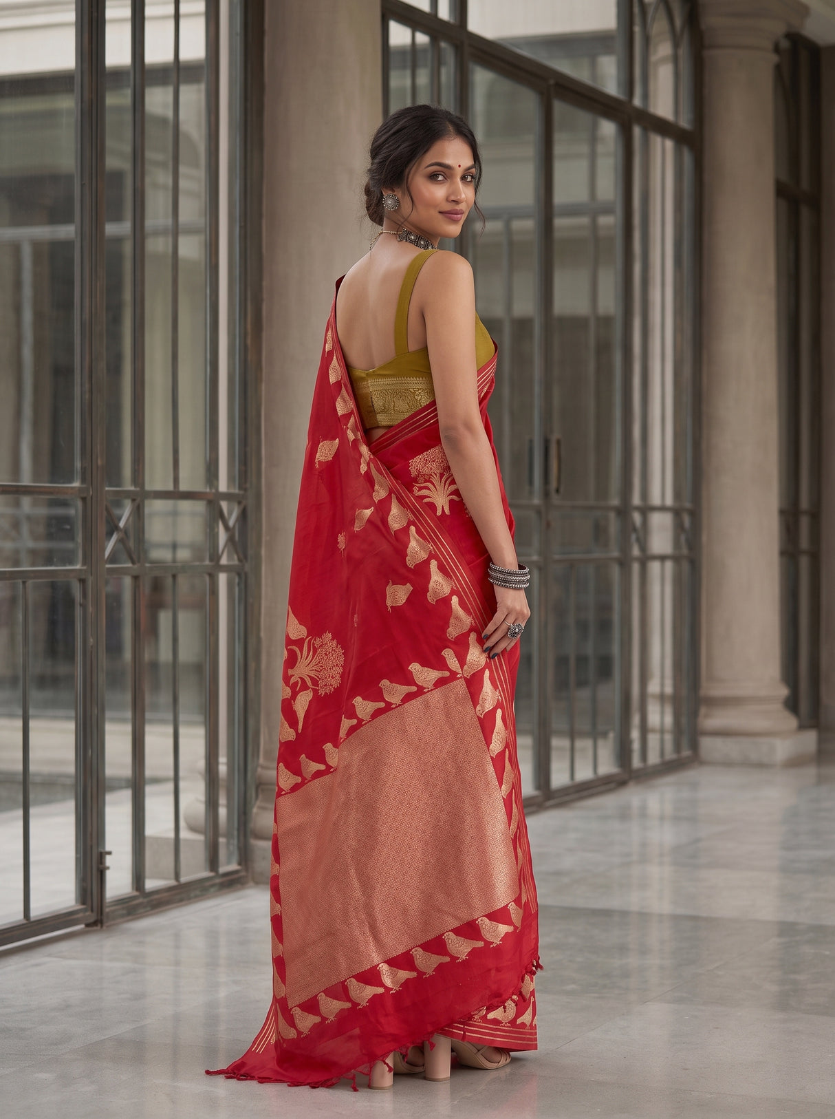 MIMOSA Red Mysore Silk crepe Saree — pose 7 styling detail