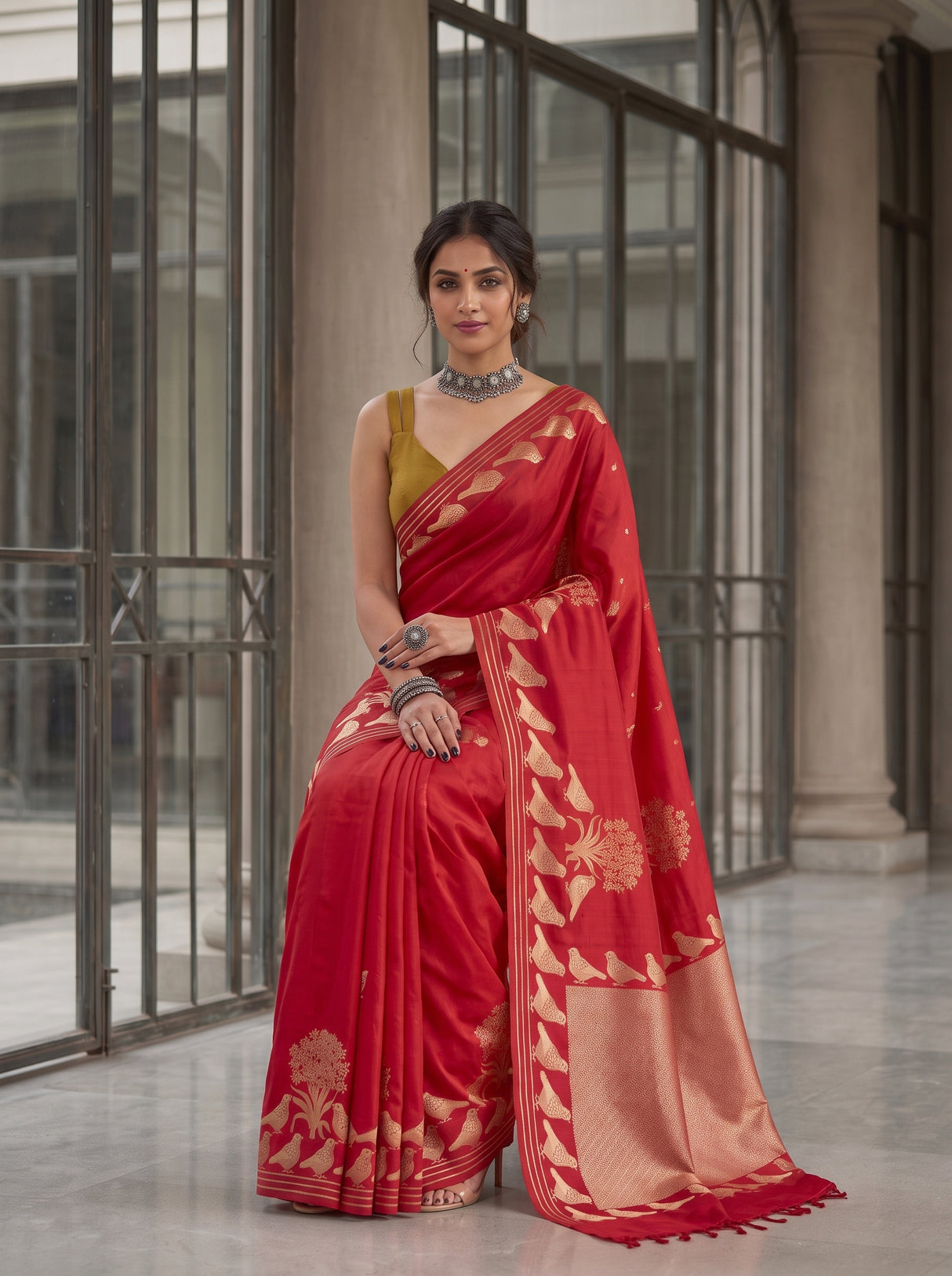 MIMOSA Red Mysore Silk crepe Saree — pose 8 styling detail