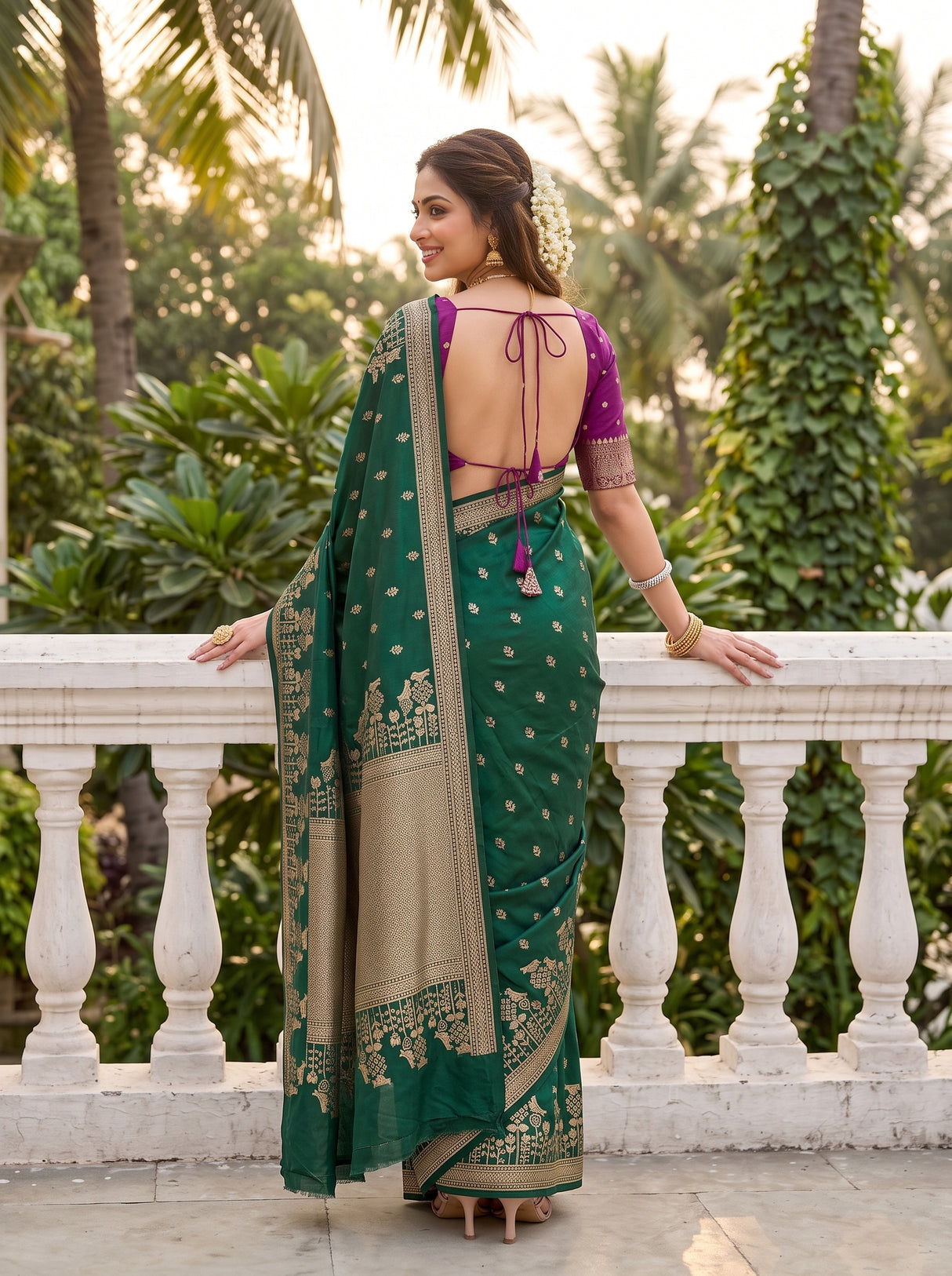 MIMOSA Bottle Green Saree Saree — pose 2 styling detail
