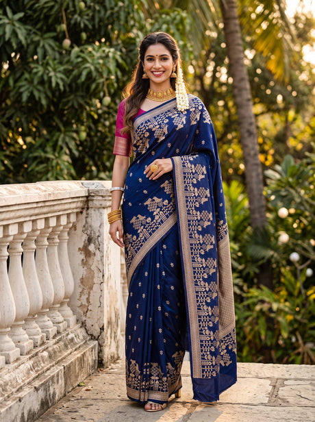 MIMOSA Navy Saree Saree — front view on mannequin