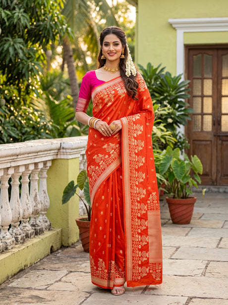MIMOSA Orange Saree Saree — front view on mannequin
