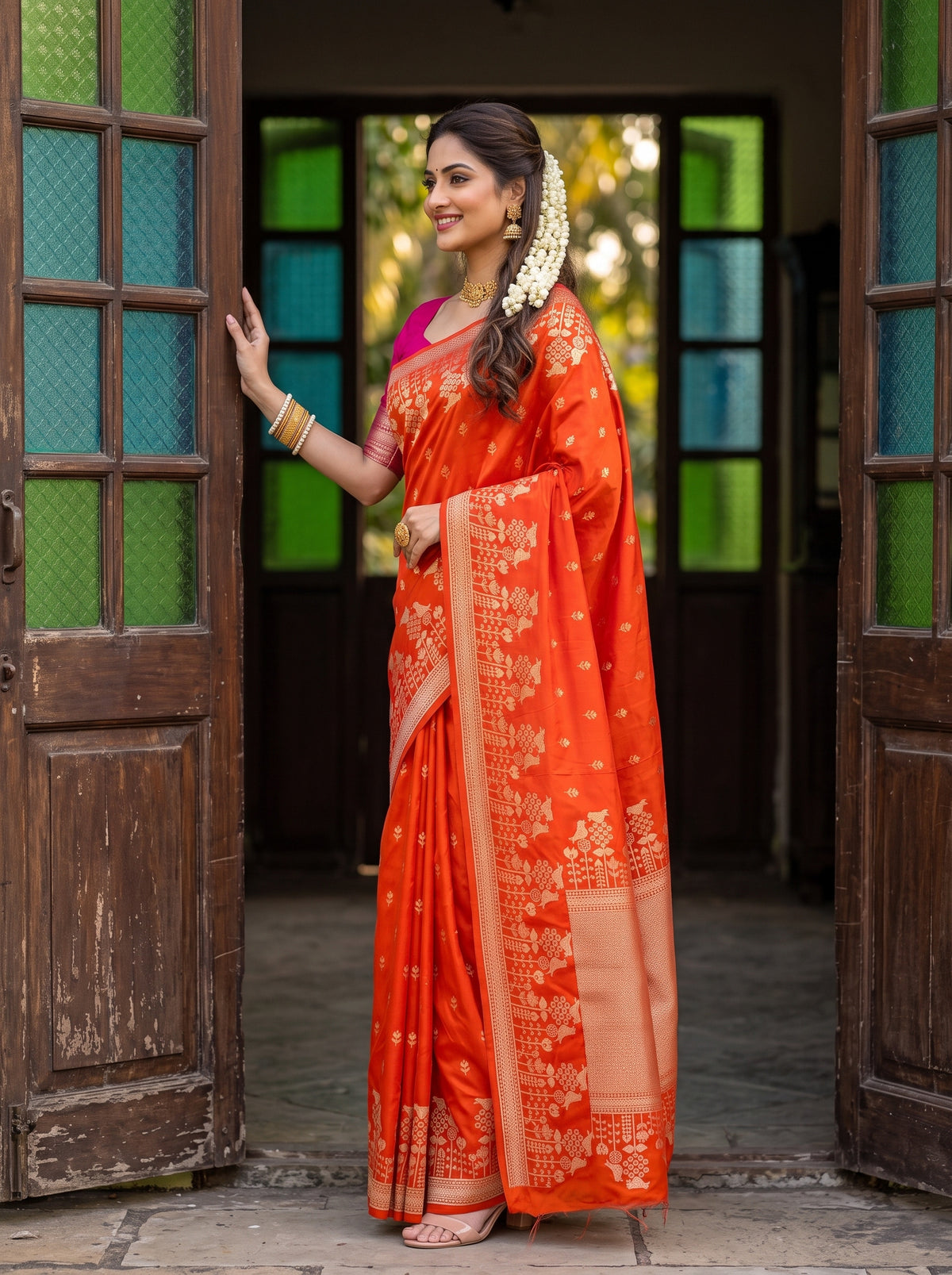 MIMOSA Orange Saree Saree — pose 3 styling detail
