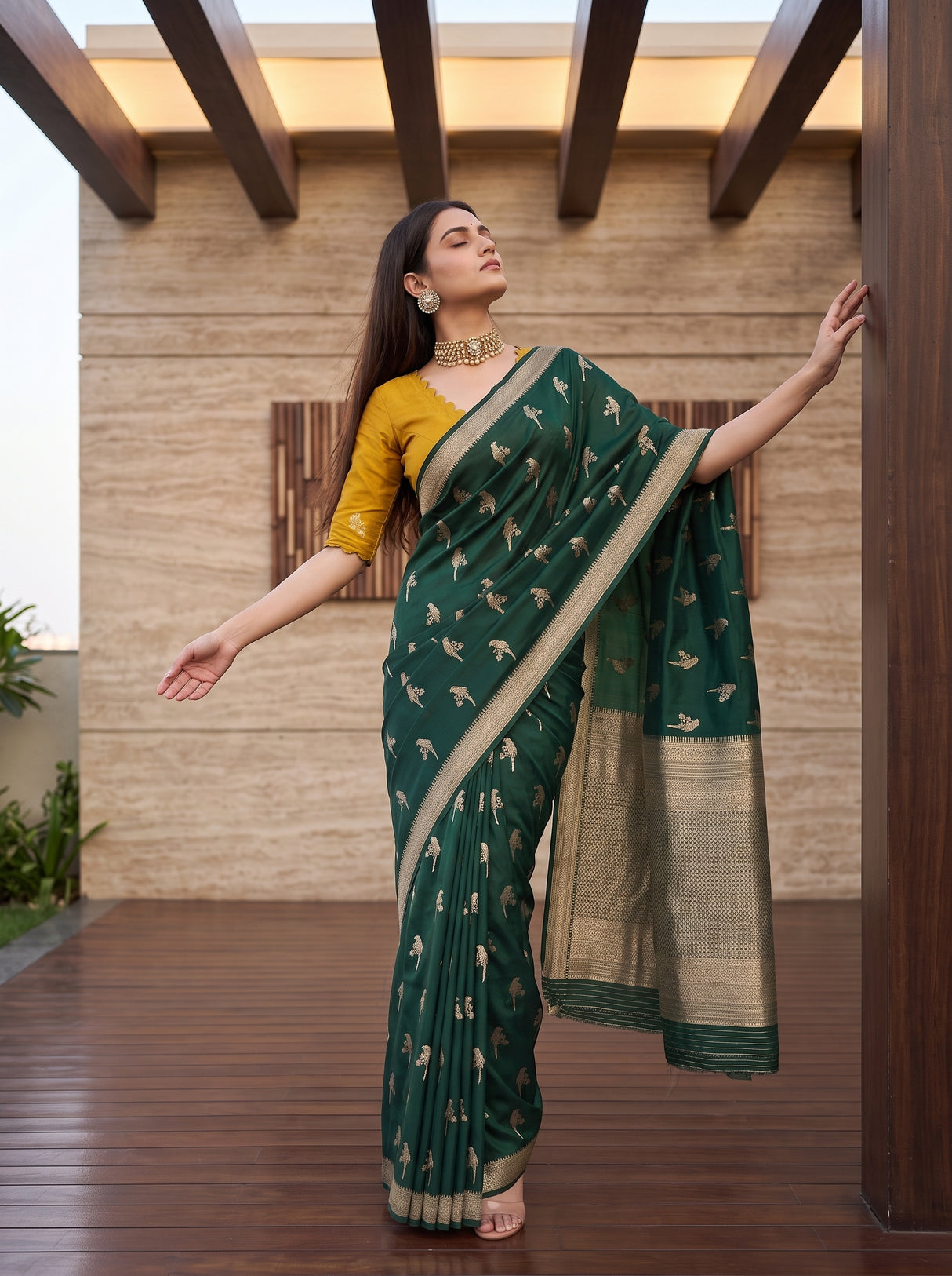 MIMOSA Bottle Green Saree Saree — pose 5 styling detail