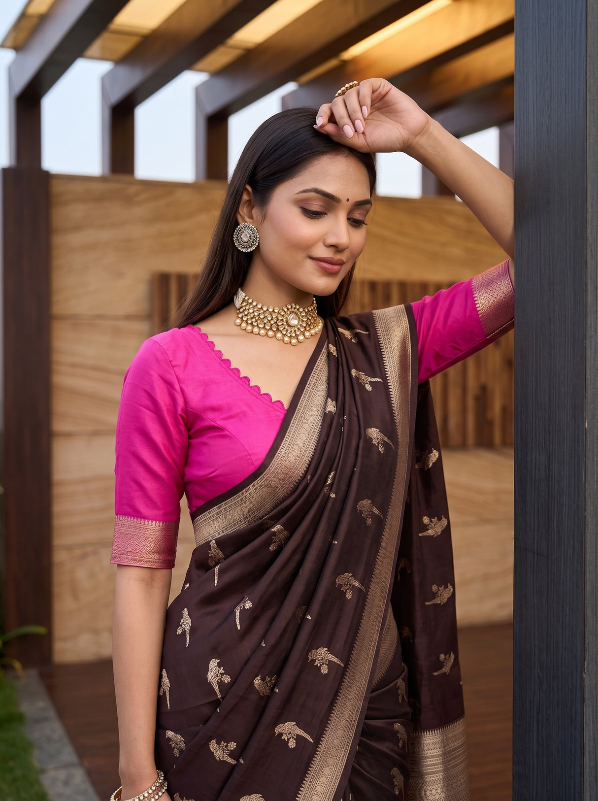 MIMOSA Chocolate Saree Saree — pose 10 styling detail