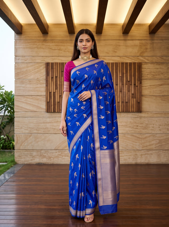 MIMOSA Royal Blue Saree Saree — front view on mannequin