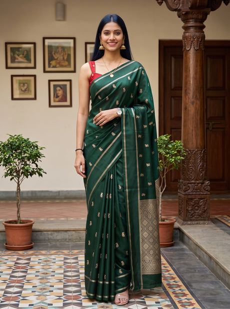 MIMOSA Bottle Green Mysore Silk crepe Saree — Full view of model wearing saree