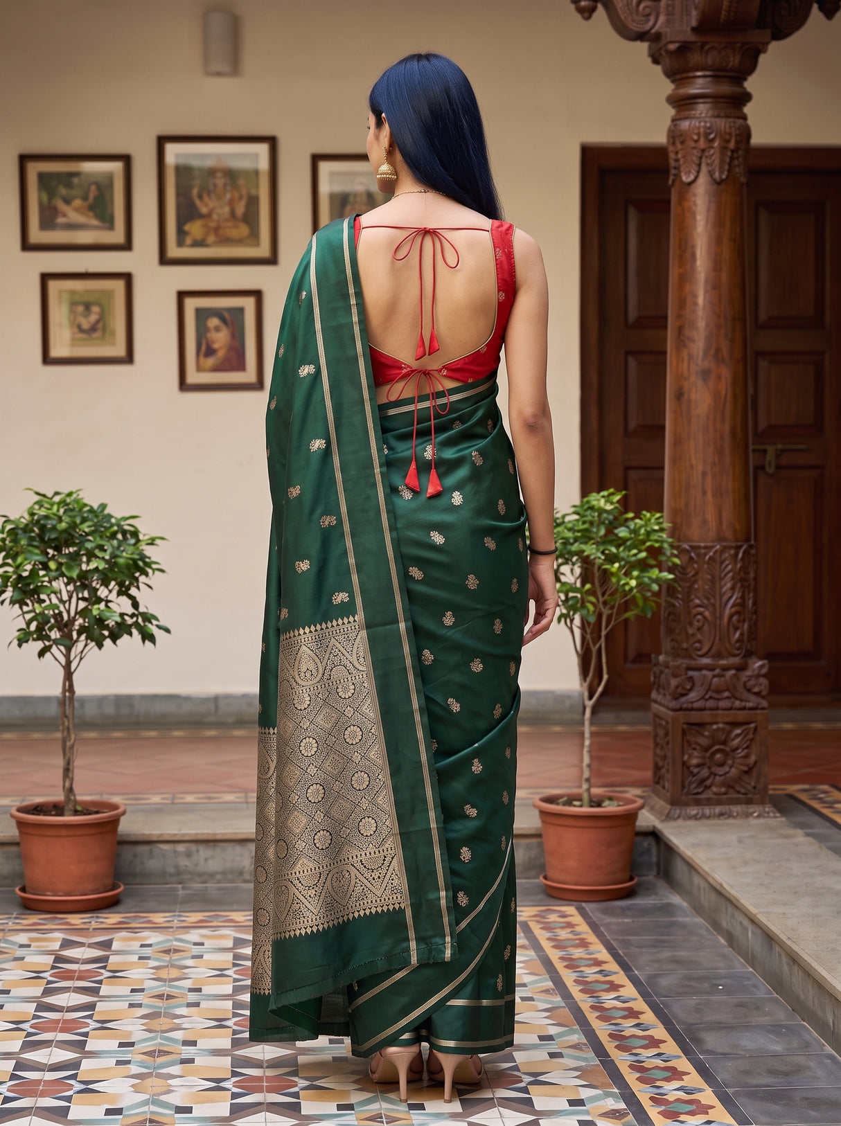 MIMOSA Bottle Green Mysore Silk crepe Saree — Close-up of model's face and upper body