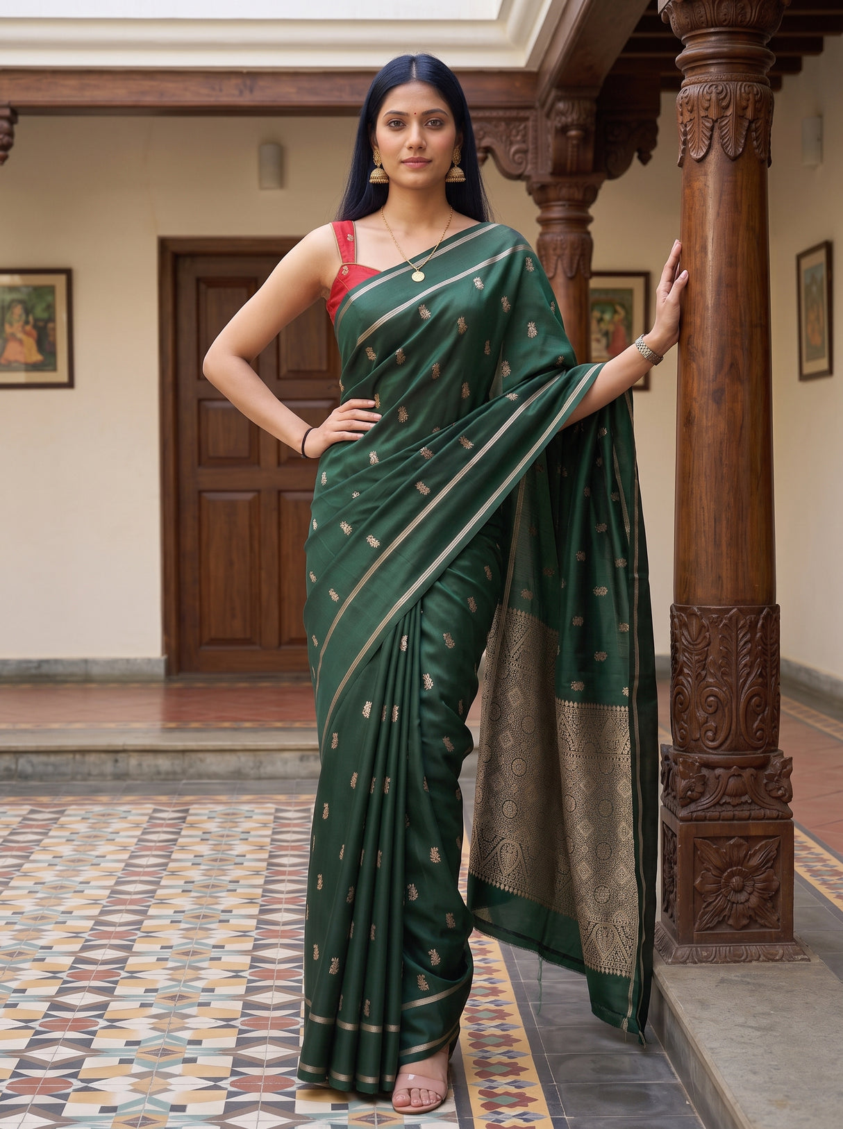 MIMOSA Bottle Green Mysore Silk crepe Saree — Saree drape and lower body