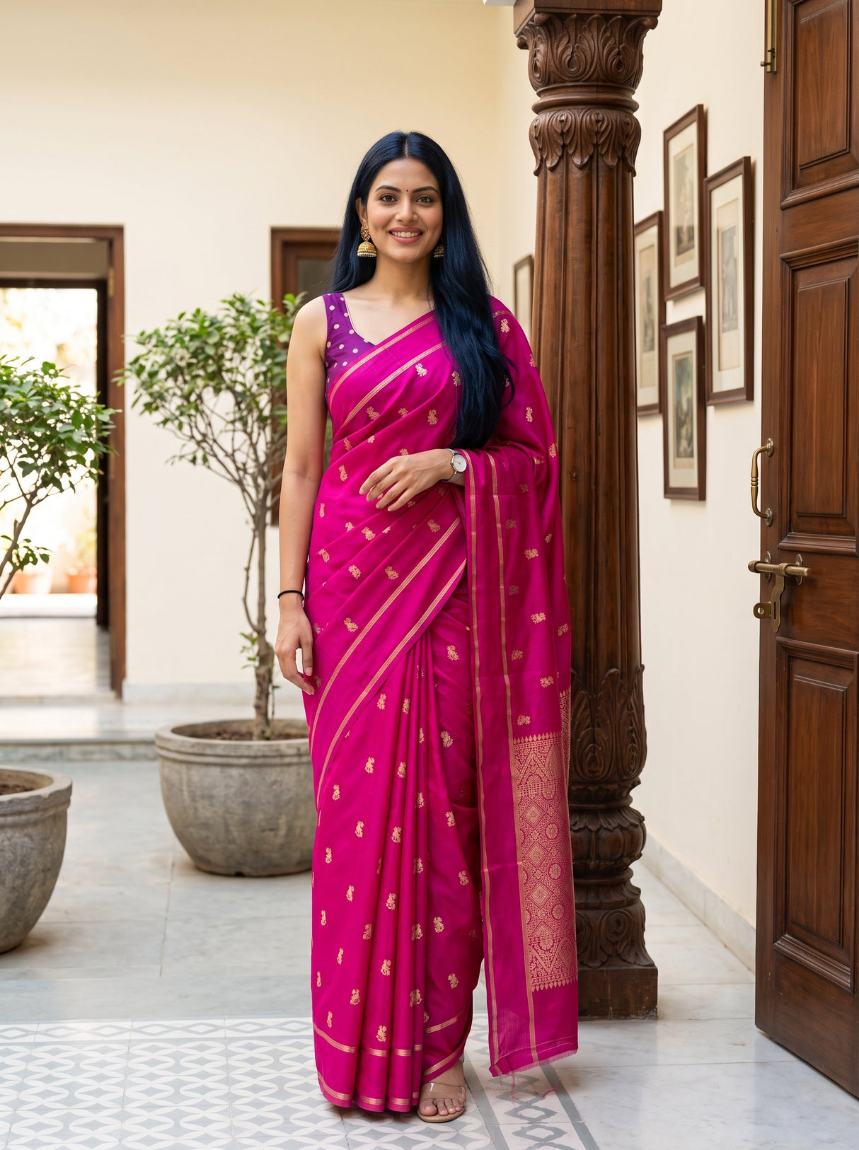MIMOSA Gajari Mysore Silk crepe Saree — Full view of model wearing saree