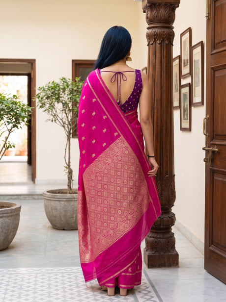 MIMOSA Gajari Mysore Silk crepe Saree — Close-up of model's face and upper body