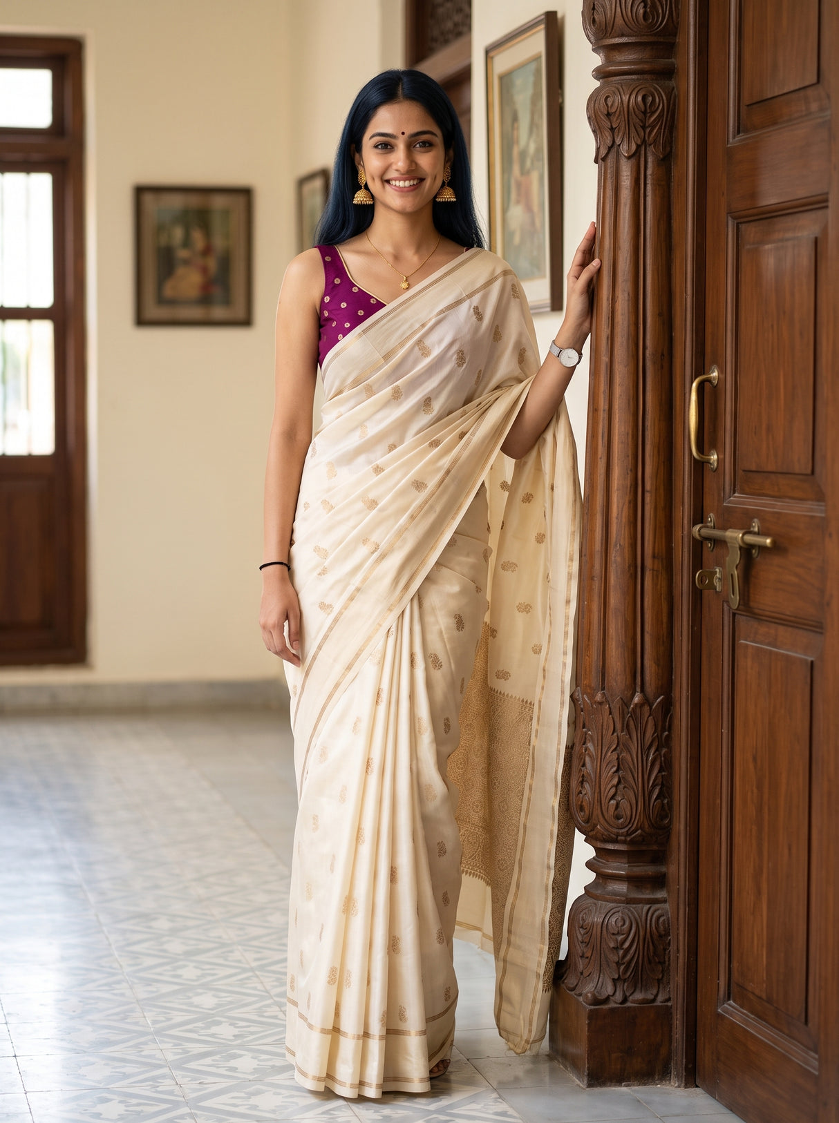 MIMOSA Half White Mysore Silk crepe Saree — Full view of model wearing saree