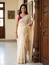 MIMOSA Half White Mysore Silk crepe Saree — Full view of model wearing saree