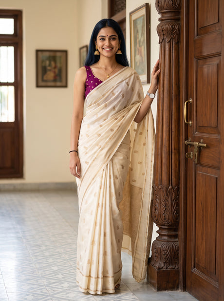 MIMOSA Half White Mysore Silk crepe Saree — Full view of model wearing saree