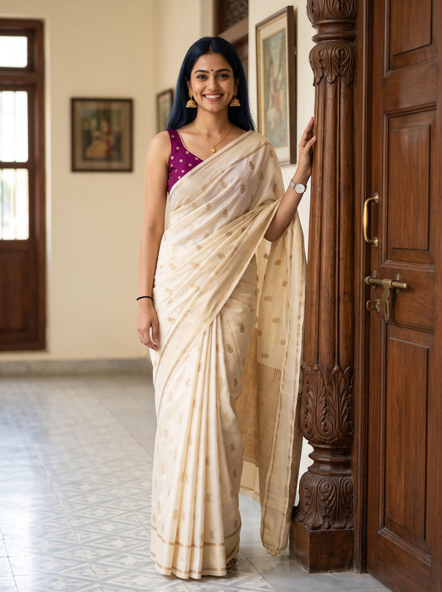 MIMOSA Half White Mysore Silk crepe Saree — Full view of model wearing saree