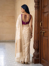 MIMOSA Half White Mysore Silk crepe Saree — Close-up of model's face and upper body