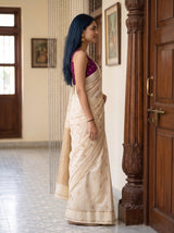 MIMOSA Half White Mysore Silk crepe Saree — Close-up of saree pallu and border