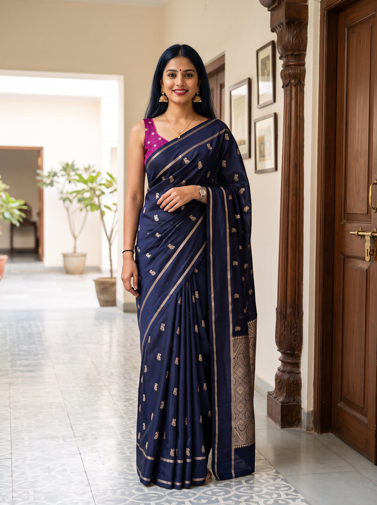 MIMOSA Navy Mysore Silk crepe Saree — Full view of model wearing saree