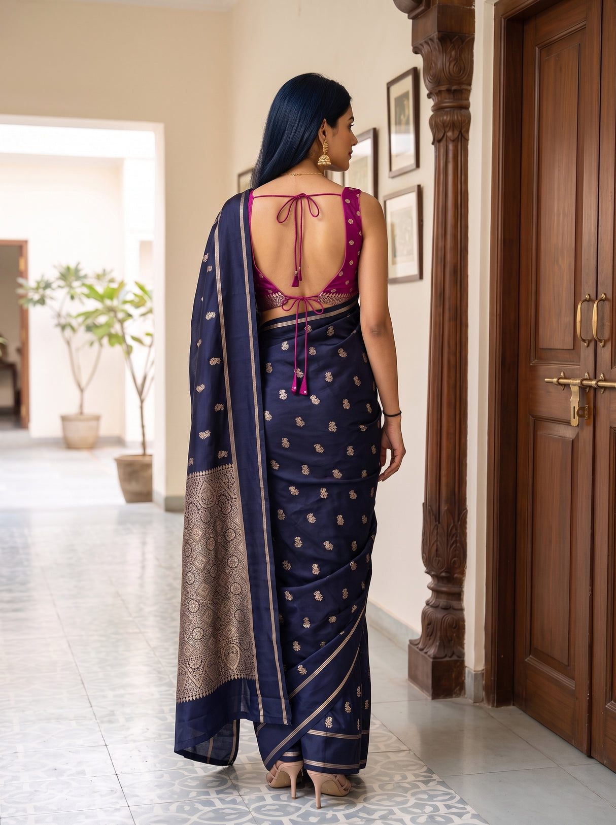 MIMOSA Navy Mysore Silk crepe Saree — Close-up of model's face and upper body