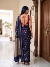 MIMOSA Navy Mysore Silk crepe Saree — Close-up of model's face and upper body