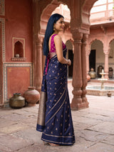 MIMOSA Navy Mysore Silk crepe Saree — Close-up of saree pallu and border
