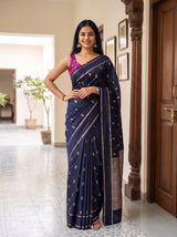 MIMOSA Navy Mysore Silk crepe Saree — Saree drape and lower body