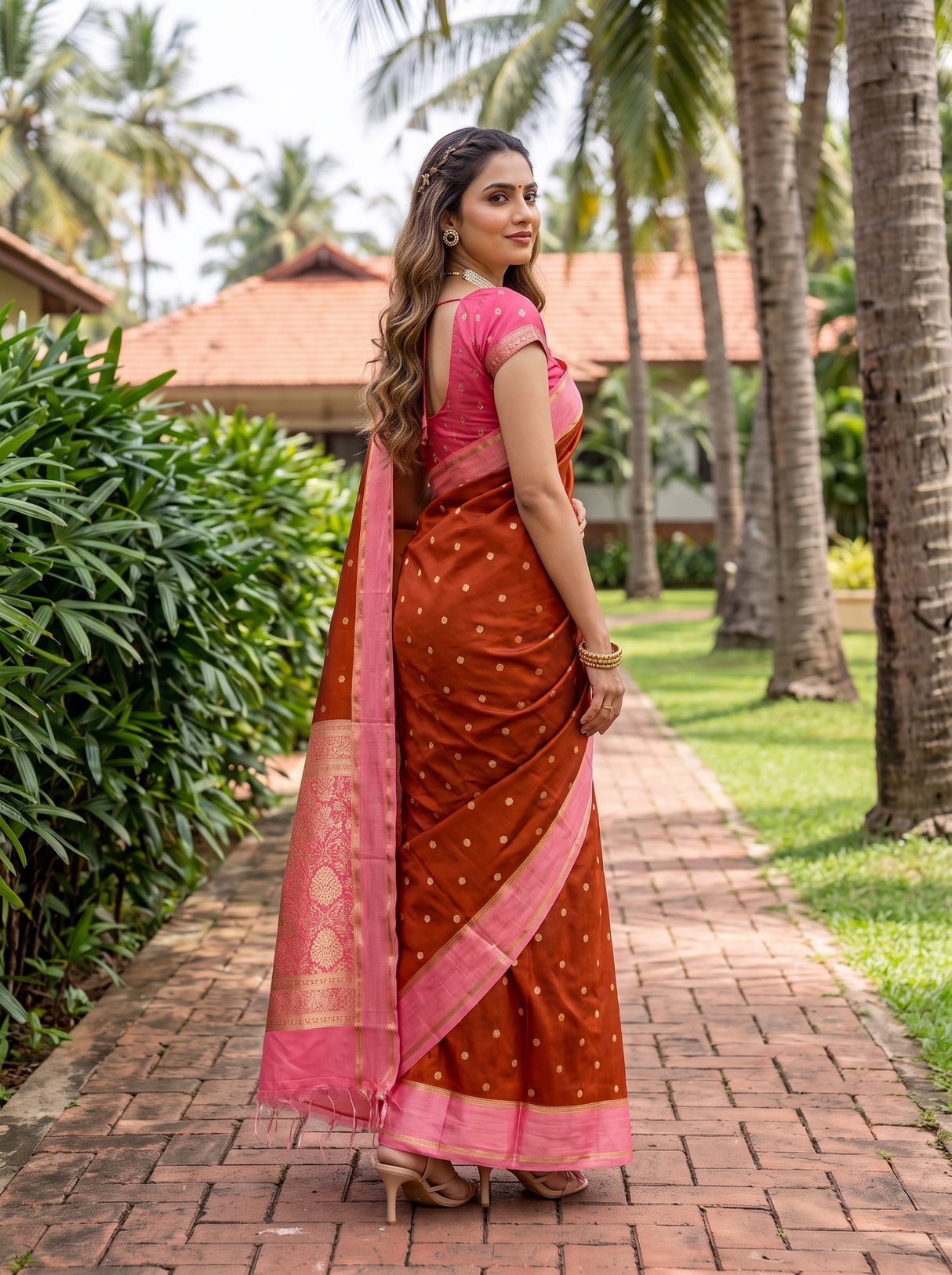 MIMOSA Mustard Mysore Silk crepe Saree — Close up of model's feet