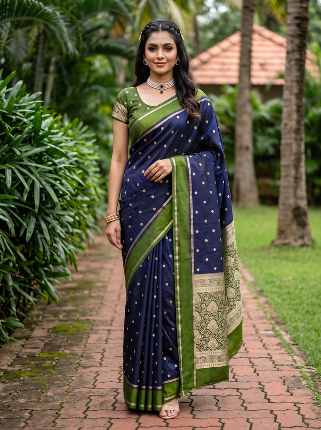 MIMOSA Navy Mysore Silk crepe Saree — Full length model view