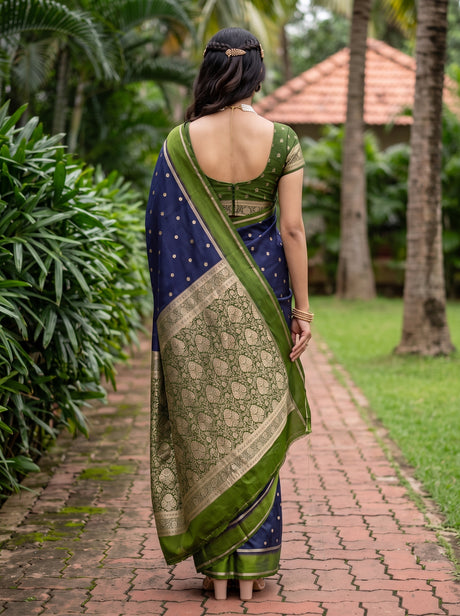 MIMOSA Navy Mysore Silk crepe Saree — Close up of model's face and jewelry