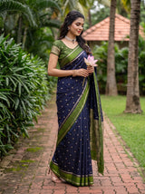 MIMOSA Navy Mysore Silk crepe Saree — Close up of model's feet