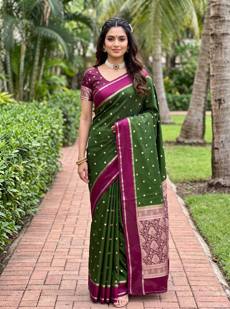 MIMOSA Olive Mysore Silk crepe Saree — Full length model view