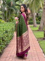 MIMOSA Olive Mysore Silk crepe Saree — Close up of model's face and jewelry