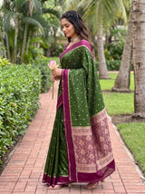 MIMOSA Olive Mysore Silk crepe Saree — Close up of saree and border detail
