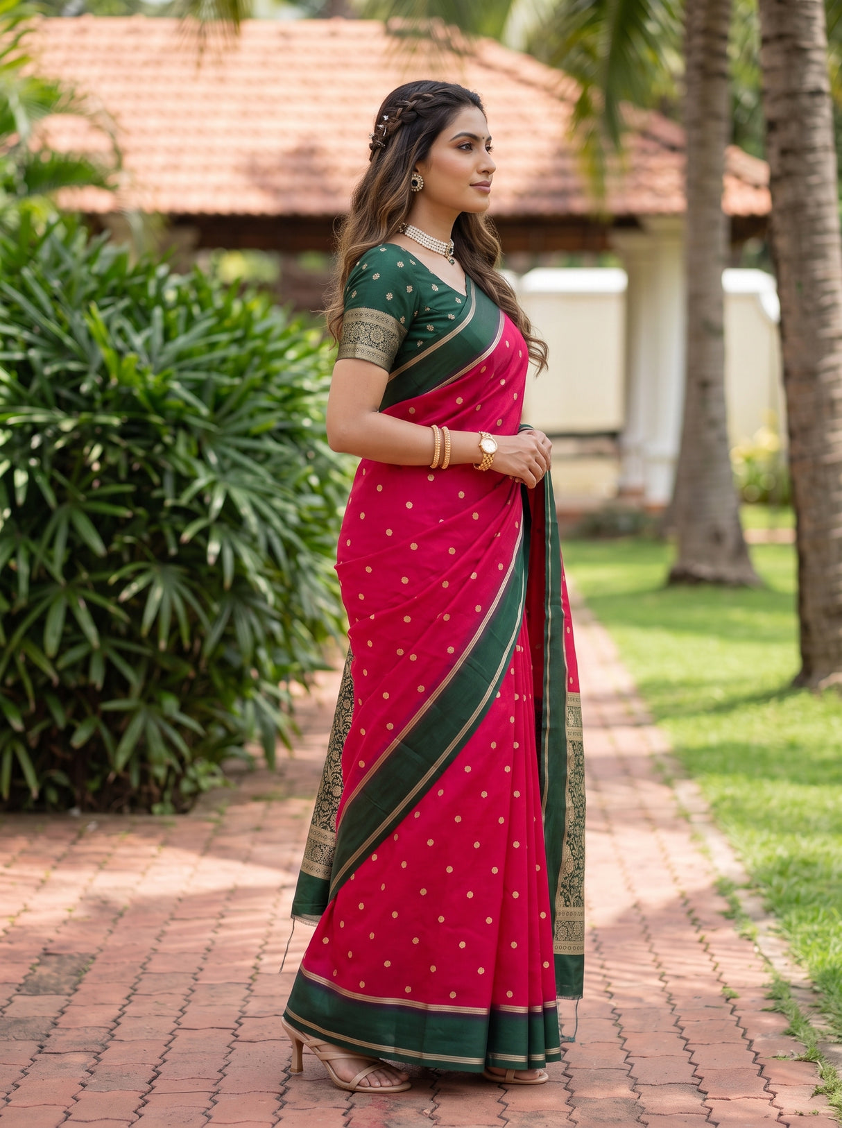 MIMOSA Red Mysore Silk crepe Saree — Close up of saree and border detail