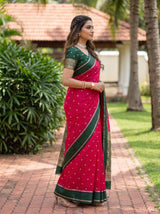 MIMOSA Red Mysore Silk crepe Saree — Close up of saree and border detail