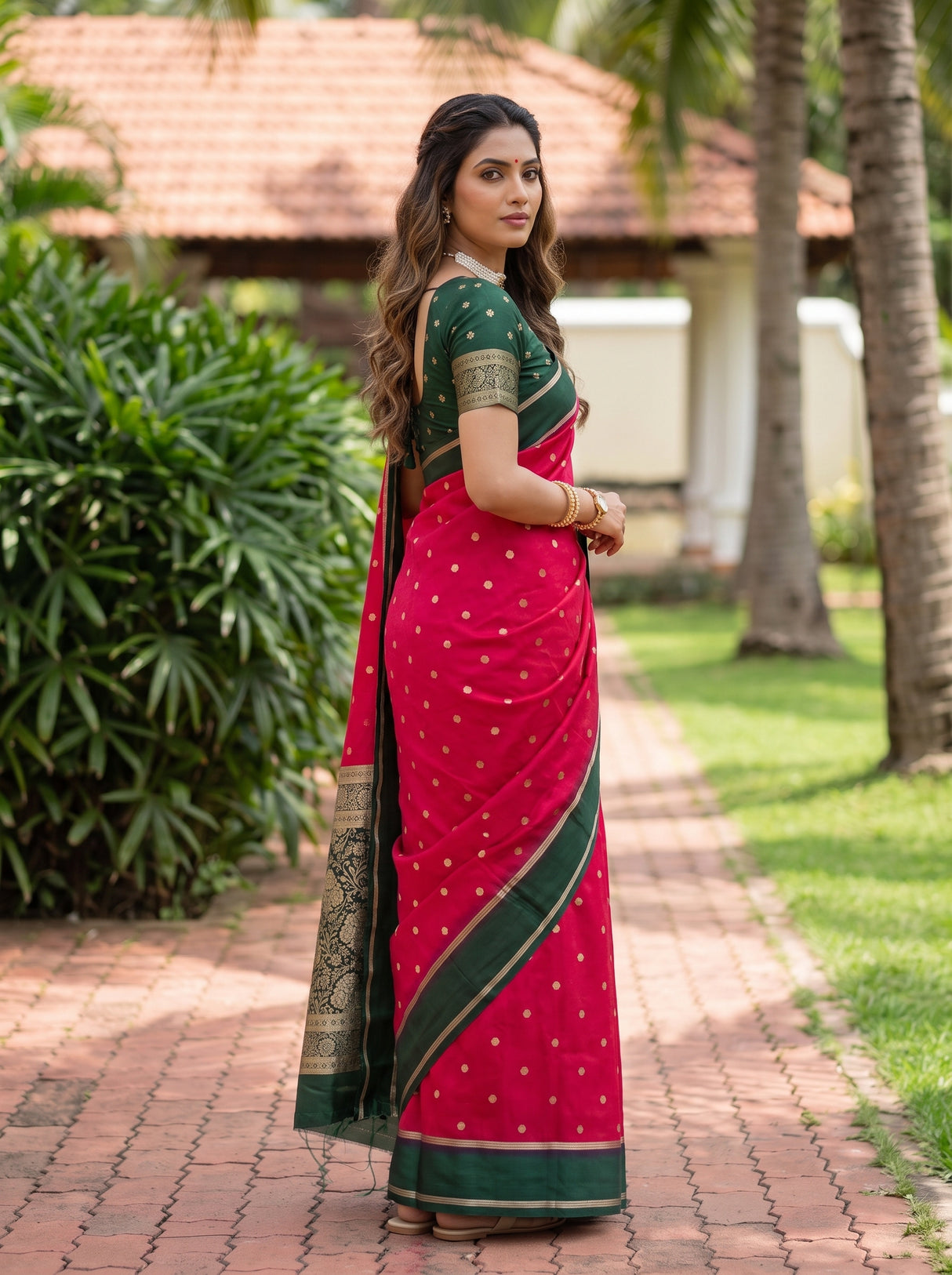 MIMOSA Red Mysore Silk crepe Saree — Close up of model's feet