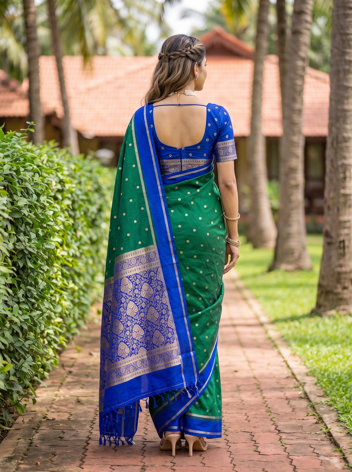 MIMOSA Rama Mysore Silk crepe Saree — Close up of model's face and jewelry