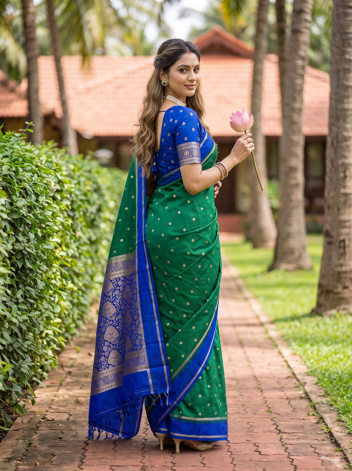 MIMOSA Rama Mysore Silk crepe Saree — Close up of model's feet