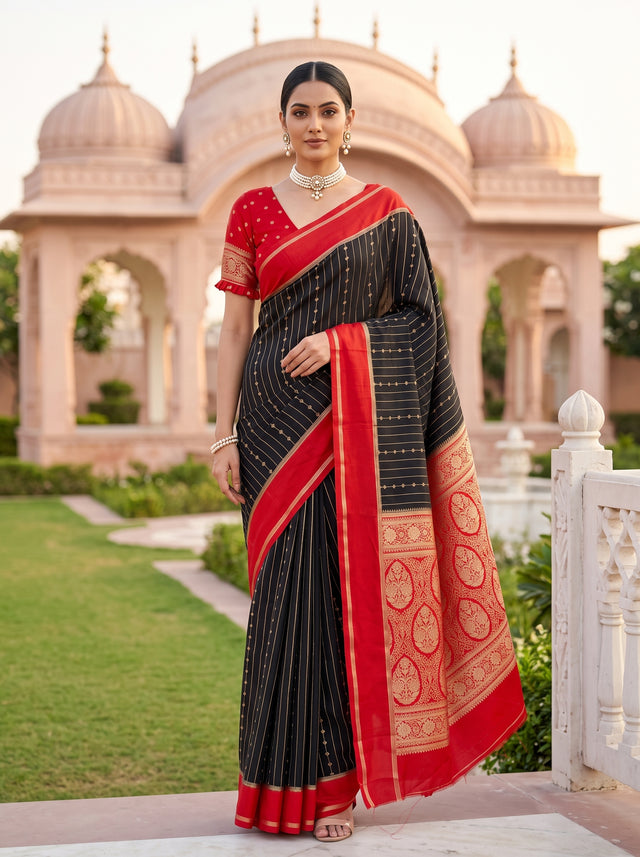 MIMOSA Black Mysore Silk Art Silk Saree — front view on mannequin