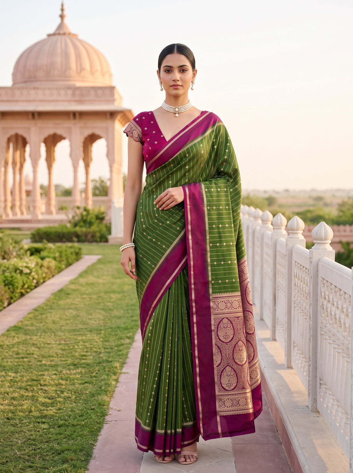 MIMOSA Olive Saree Saree — front view on mannequin