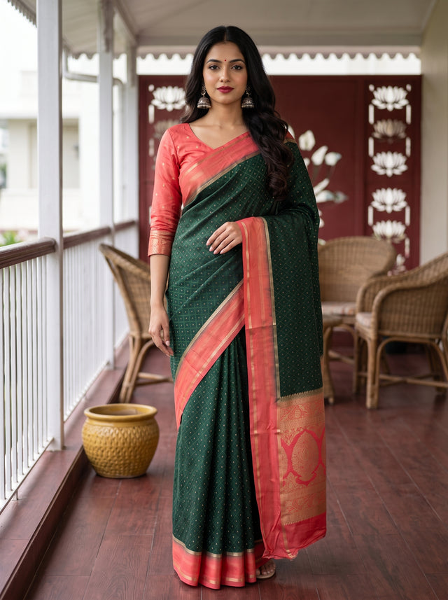 MIMOSA Bottle Green Saree Saree — front view on mannequin